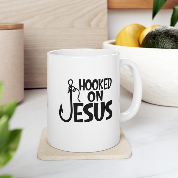 Hooked On Jesus Mug 11oz - Faith Filled Coffee - faithfilledcoffee.com - Fresh roasted coffee beans - Premium coffee